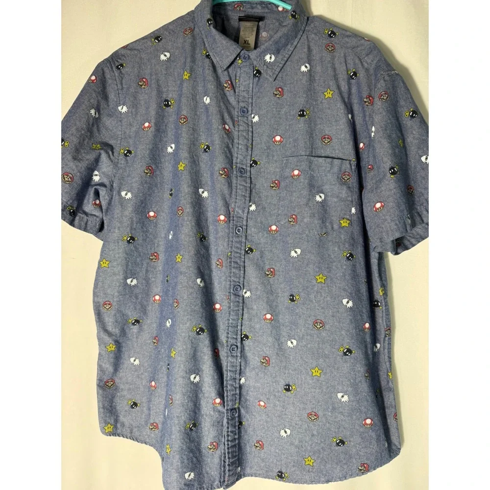 Nintendo Super Mario Bros Mens XL Blue Chambray Short Sleeve Button Down Shirt - Picture 2 of 11